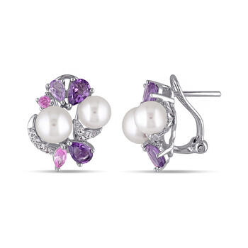 Bông tai Amour 2 3/4 Ct Tgwcreated Sapphire Amethyst Created Pink Sapphire Rose De France And White Freshwater Cultured Pearl Ear Pin Earrings Silver
