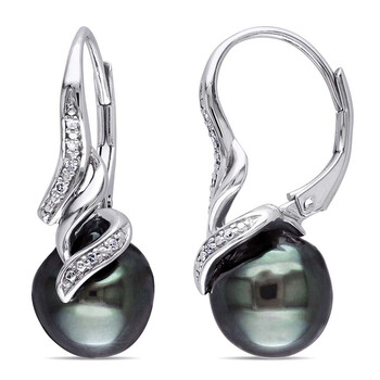 Bông tai Amour 9 - 9.5 Mm Black Tahitian Pearl And Diamond Twist Leverback Drop Earrings In Sterling Silver