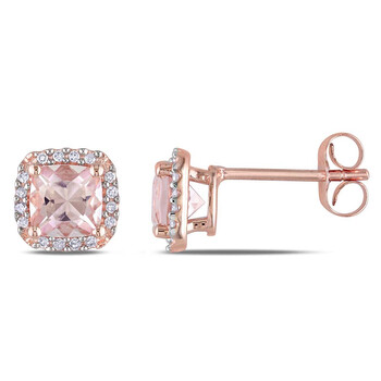 Bông tai Amour Cushion Cut Morganite And 1/10 Ct Tw Diamond Halo Earrings In 10K Rose Gold
