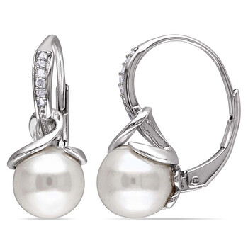 Bông tai Amour 8 - 8.5 Mm White Freshwater Cultured Pearl And Diamond Twist Leverback Earrings In Sterling Silver
