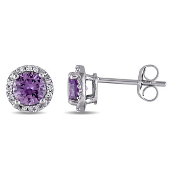 Bông tai Amour Created Alexandrite Halo Stud Earrings With Diamonds In 10K White Gold