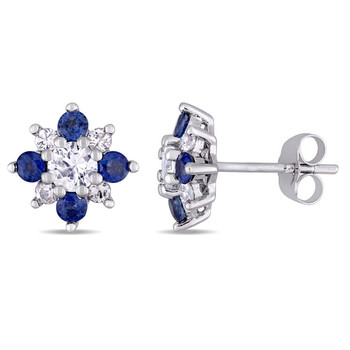 Bông tai Amour 14K White Gold Sapphire And Diamond Floral Stud Earrings Jms004218