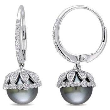 Amour 14K White Gold 1/2 Ct Diamond And Black Tahitian Pearl Cuff Earrings 2 Bông tai Amour 14K White Gold 1/2 Ct Diamond And Black Tahitian Pearl Cuff Earrings