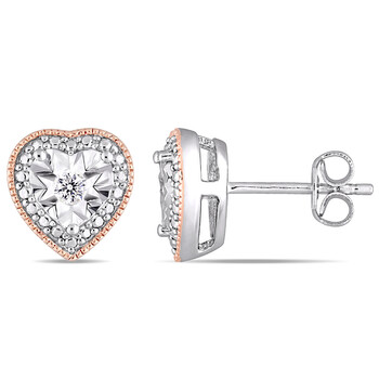 Bông tai Amour Diamond Milgrain Filigree Heart Shaped Stud Earrings In 2 Tone White And Rose Plated Sterling Silver Jms004502