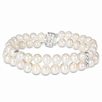 Vòng tay Amour 7.5" 2-Strand 6-7Mm Freshwater Cultured White Pearl Bracelet W/ Silver Tube Bars & Clasp chính hãng
