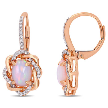 Bông tai Amour 10K Rose Gold 1-1/2 Ct Tgw Ethiopian Blue Opal And 1/4 Tdw Diamond Leverback Earrings