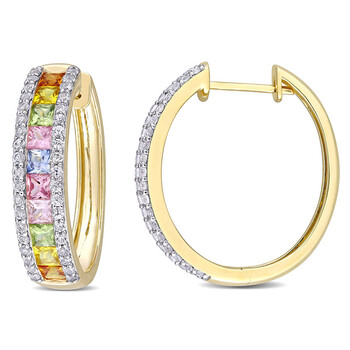 Bông tai Amour 5 3/4 Ct Tgw Multi Color Sapphire Hoop Earrings 14K Yellow Gold