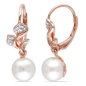 Amour Rose Plated Silver 7.5 - 8 Mm Freshwater Cultured White Pearl And 1/10 Ct Tdw Diamond Dangle Earrings 2 Bông tai Amour Rose Plated Silver 7.5 - 8 Mm Freshwater Cultured White Pearl And 1/10 Ct Tdw Diamond Dangle Earrings