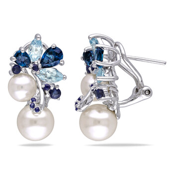 Bông tai Amour Sterling Silver Fw White Pearl 5 Ct Tgw Multi-Color Topaz And Sapphire Ear Pin Earrings