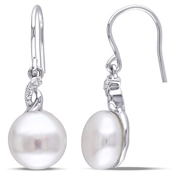 Bông tai Amour Sterling Silver 10.5 - 11 Mm Freshwater Cultured White Pearl And 0.05 Ct Tdw Diamond Drop Earrings