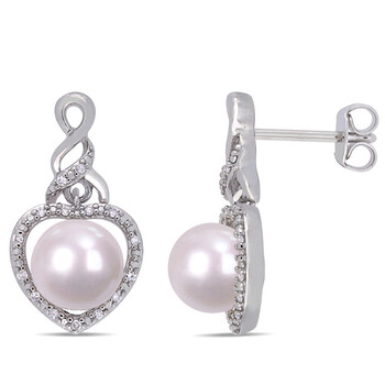 Bông tai Amour Sterling Silver 7 - 7.5 Mm Freshwater Cultured White Pearl And 1/10 Ct Tdw Diamond Dangle Earrings