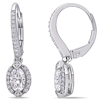 Bông tai Amour Ladies 10K White Gold 1 Ct Oval Cut White Moissanite And0.25 Ct Diamond Drop / Dangle Earrings