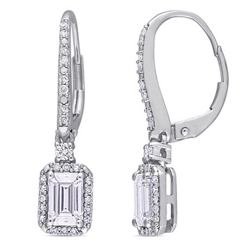 Bông tai Amour Ladies 10K White Gold 1.25 Ct Emerald Cut White Moissanite And 0.25 Ct Diamond Drop / Dangle Earrings