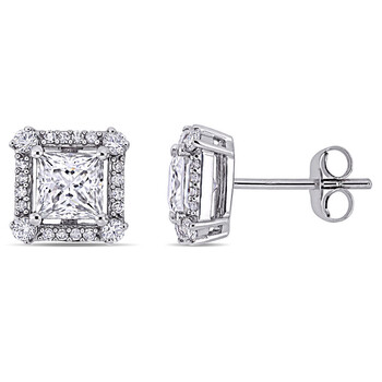 Bông tai Amour Ladies 10K White Gold 2 Ct Princess Cut White Moissanite And Diamond Stud Earrings