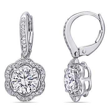Bông tai Amour Ladies 10K White Gold 2 Ct Round Cut White Moissanite And 0.25 Ct Diamond Drop / Dangle Earrings