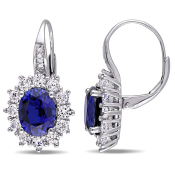 Bông tai Amour Delmar Halo Diamond And 8.06 Ct Tgw Created Blue And White Sapphire Leverback Earrings In Sterling Silver