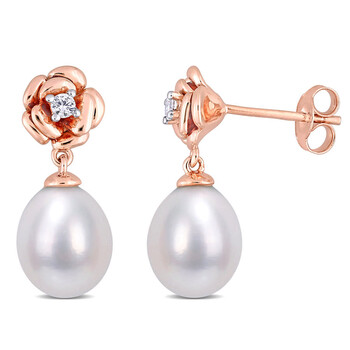 Bông tai Amour Rose Plated Silver Freshwater Cultured Pearl And 1/8 Ct Tgw Created White Sapphire Floral Earrings
