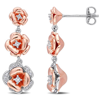 Bông tai Amour Rose Plated Sterling Silver 1/8 Ct Tgw Created White Sapphire And 1/10 Ct Tw Diamond Graduated Rose Earrings