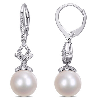 Bông tai Amour Sterling Silver 0.05 Ct Diamond & 11 -12 Mm Freshwater Pearl Dangle Earrings