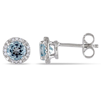 Bông tai Amour Sterling Silver 1.06 Ct Tgw Sky Blue Topaz And 0.07 Ct Tgw Diamond Halo Stud Earrings