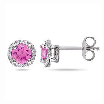 Bông tai Amour Sterling Silver 1 1/6 Ct Tgw Created Pink Sapphire And 0.07 Ct Tdw Diamond Halo Stud Earrings