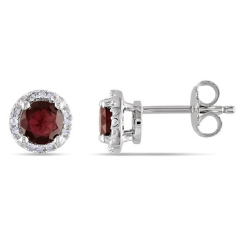 Bông tai Amour Sterling Silver 1 1/6 Ct Tgw Garnet And 0.07 Ct Tgw Diamond Halo Stud Earrings