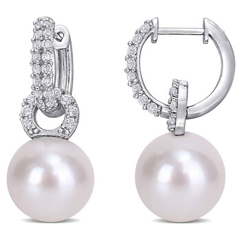 Bông tai Amour Sterling Silver 1 2/8 Ct White Topaz And 11 -12 Mm Freshwater Pearl Drop/Dangle Earrings