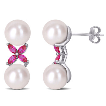 Bông tai Amour Sterling Silver 1 Ct Created Ruby & 8.5 -9 Mm Freshwater Pearl Stud Earrings
