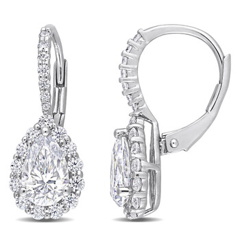 Bông tai Amour Sterling Silver 2 5/8 Ct Dew Created Moissanite Teardrop Halo Leverback Earrings