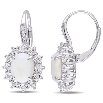 Amour Sterling Silver 3 7/8 Ct Tgw Opal, White Topaz And 0.04 Ct Tdw Diamond Halo Leverback Earrings 1 Bông tai Amour Sterling Silver 3 7/8 Ct Tgw Opal