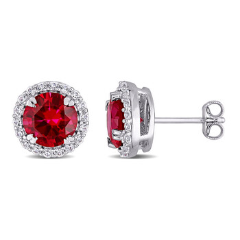 Bông tai Amour Sterling Silver 5 1/2 Ct Tgw Created Ruby Created White Sapphire Circular Halo Stud Earrings