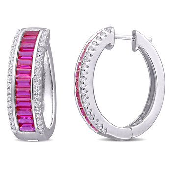 Bông tai Amour Sterling Silver 5 1/8 Ct Tgw Baguette Created Ruby Created White Sapphire Hoop Earrings
