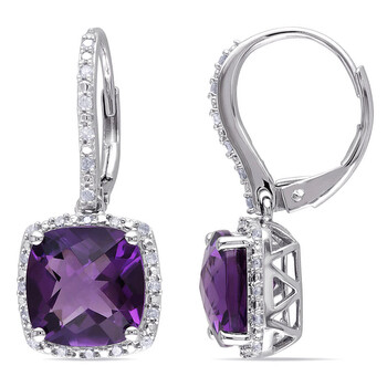 Bông tai Amour Sterling Silver 6 Ct Tgw Amethyst And 1/5 Ct Tdw Diamond Leverback Halo Earrings