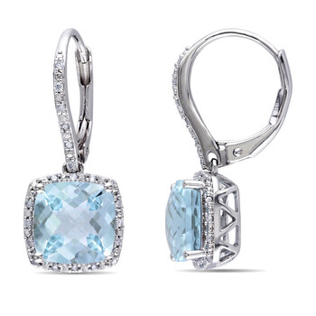 Bông tai Amour Sterling Silver 8 1/2 Ct Tgw Blue Topaz And 1/5 Ct Tdw Diamond Leverback Halo Earrings