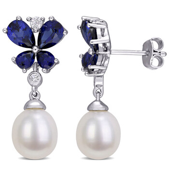 Bông tai Amour Sterling Silver Cultured Freshwater Pearl And Created Sapphire And Created White Sapphire Butterfly Drop Earrings