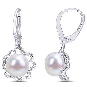 Bông tai Amour Sterling Silver Freshwater Cultured Pearl And 1/10 Ct Tdw Diamond Floral Earrings