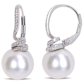 Bông tai Amour Sterling Silver Freshwater Cultured Pearl And Diamond Accent Swirl Leverback Earrings