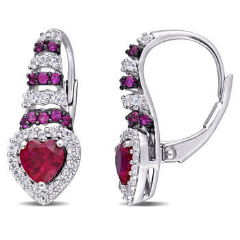 Bông tai Amour Sterling Silver With Black Rhodium Plating 1 7/8 Ct Tgw Created Ruby And Created White Sapphire Heart Earrings