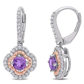 Amour White And Rose Plated Sterling Silver 1 2/5 Ct Tgw Amethyst And White Topaz Quatrefoil Rope Design Leverback Earrings 2 Bông tai Amour White And Rose Plated Sterling Silver 1 2/5 Ct Tgw Amethyst And White Topaz Quatrefoil Rope Design Leverback Earrings