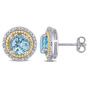 Bông tai Amour Yellow Plated Sterling Silver 3 1/6 Ct Tgw Sky Blue Topaz And 1/6 Ct Tdw Diamond Halo Stud Earrings