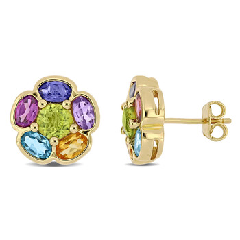Bông tai Amour Yellow Plated Sterling Silver 3 5/8 Ct Tgw Amethyst Swiss-Blue Topaz Rhodolite Iolite Citrine Peridot Floral Stud Earrings