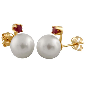 Bella Pearl White Freshwater Pearl Stud 14K Gold Ruby Earrings Rb-7Ry 2 Bông tai Bella Pearl White Freshwater Pearl Stud 14K Gold Ruby Earrings Rb-7Ry