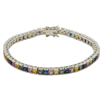 Classic Treasures Rhodium Plated Bronze Created Alexandrite Created Blue, Pink And Yellow Sapphire Tennis Bracelet, 7.25" 1 Vòng tay Classic Treasures Rhodium Plated Bronze Created Alexandrite Created Blue