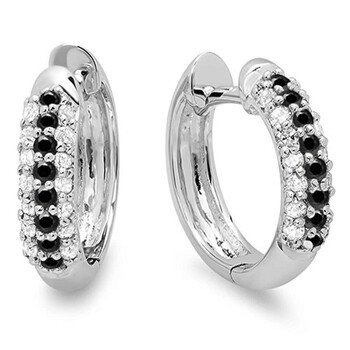 Bông tai Dazzling Rock Dazzlingrock Collection 0.30 Carat (Ctw) 10K Round Black & White Diamond Pave Set Huggies Hoop Earrings 1/3 Ct