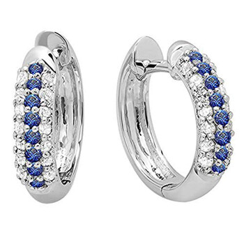 Bông tai Dazzling Rock Dazzlingrock Collection 10K Round Blue Sapphire & White Diamond Pave Set Huggies Hoop Earrings