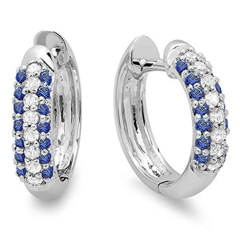 Bông tai Dazzling Rock Dazzlingrock Collection 10K Round Blue Sapphire & White Diamond Ladies Pave Set Huggies Hoop Earrings