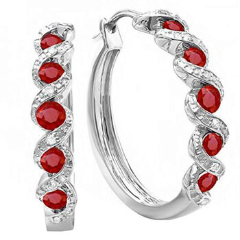Bông tai Dazzling Rock Dazzlingrock Collection White Round Diamond & Ruby Ladies Hoop Earrings