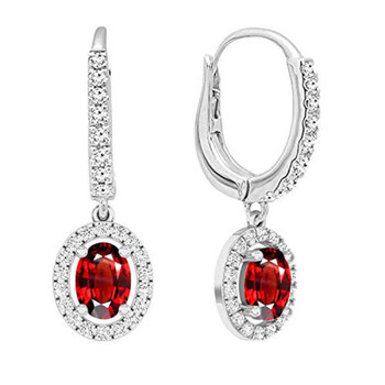 Bông tai Dazzling Rock Dazzlingrock Collection 10K 7X5 Mm Each Oval Garnet & Round White Diamond Ladies Dangling Drop Earrings