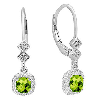 Bông tai Dazzling Rock Dazzlingrock Collection 10K 6 Mm Each Cushion Peridot & Round Diamond Ladies Halo Dangling Drop Earrings
