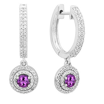 Bông tai Dazzling Rock Dazzlingrock Collection 10K 4 Mm Each Round Amethyst & White Diamond Ladies Halo Dangling Drop Earrings